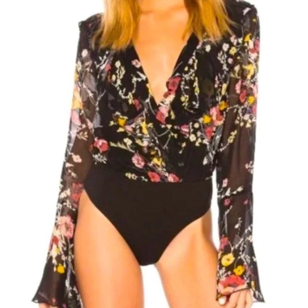 New Band Of Gypsies Black Floral Sheer Long Sleeve Bodysuit Size S Whimsygoth‎